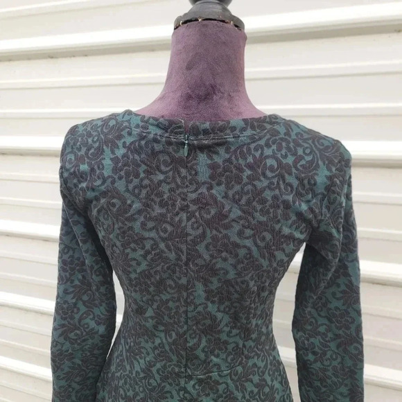 Loft Ann Taylor A-Line Floral Green Black Emerald Dress Long Sleeve Stretch Sz 4 - Picture 7 of 12